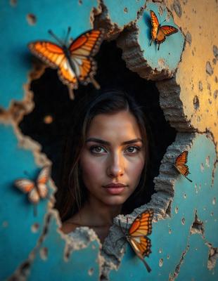 The primary subject of the image is a woman with long hair, who is peeking out from behind a wall. The setting is a room with a blue wall, and the visual style is a combination of photo and digital art. The woman's hair is brown, and she appears to be looking at the camera. The overall atmosphere of the image is mysterious and intriguing.